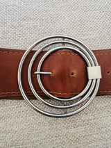 Vintage Wide Brown Leather Belt with Circular Silver Buckle