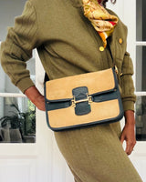 Vintage Horsebit Detail Canvas Handbag w/Navy Leather Trim