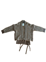 A brown and beige striped knit cardigan sweater with a shawl collar and tie waist.