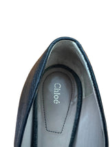 Chloe Black Leather Pumps w/Block Heel and Gold Metal Accents