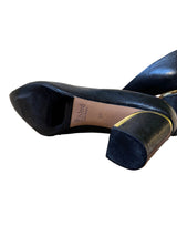 Chloe Black Leather Pumps w/Block Heel and Gold Metal Accents