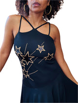 1970s Black Jersey Dress w/Star Appliqué Bodice