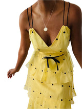 Vintage 1970s Buttercream Yellow Polka Dot Silk Tiered Gown