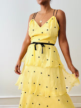 Vintage 1970s Buttercream Yellow Polka Dot Silk Tiered Gown
