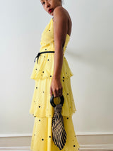 Vintage 1970s Buttercream Yellow Polka Dot Silk Tiered Gown