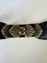 Vintage Charles Jourdan Black Belt w/Gold and Gunmetal Leaf Buckle