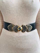 Vintage Charles Jourdan Black Belt w/Gold and Gunmetal Leaf Buckle