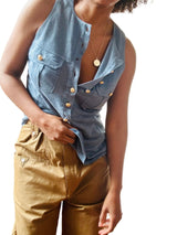 Balmain Periwinkle Blue Sleeveless Linen Knit Jersey Top