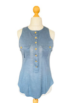 Balmain Periwinkle Blue Sleeveless Linen Knit Jersey Top