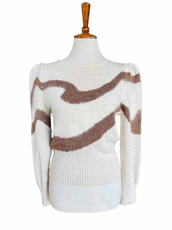 Vintage 80's Ivory and Beige Angora Puffed Sleeve Sweater
