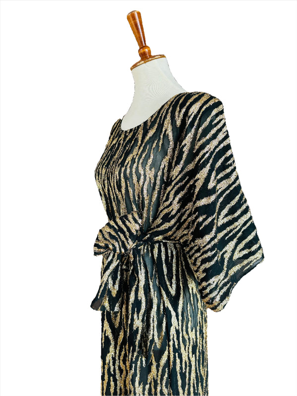 Vintage 1980's Black Cocktail Dress w/Gold Lurex Tiger Stripe Jacquard and Sash Belt