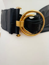 Black Wide Leather Belt w/Gold Buckle