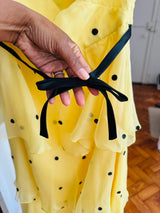 Vintage 1970s Buttercream Yellow Polka Dot Silk Tiered Gown