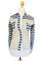 1970s Cotton Gauze Blue & Ivory Printed Blouse