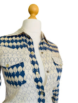 1970s Cotton Gauze Blue & Ivory Printed Blouse
