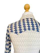1970s Cotton Gauze Blue & Ivory Printed Blouse
