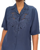 Navy Silk Embroidered Button Down Blouse