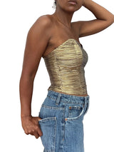 Gold Shirred Lame Strapless Bustier Top