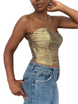 Gold Shirred Lame Strapless Bustier Top