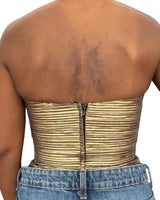 Gold Shirred Lame Strapless Bustier Top