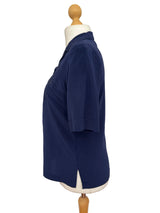 Navy Silk Embroidered Button Down Blouse