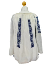 Vintage Embroidered White Gauze Peasant Style Blouse w/Blue Embroidery