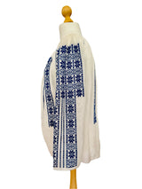 Vintage Embroidered White Gauze Peasant Style Blouse w/Blue Embroidery