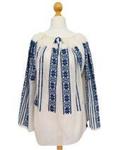 Vintage Embroidered White Gauze Peasant Style Blouse w/Blue Embroidery