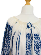 Vintage Embroidered White Gauze Peasant Style Blouse w/Blue Embroidery