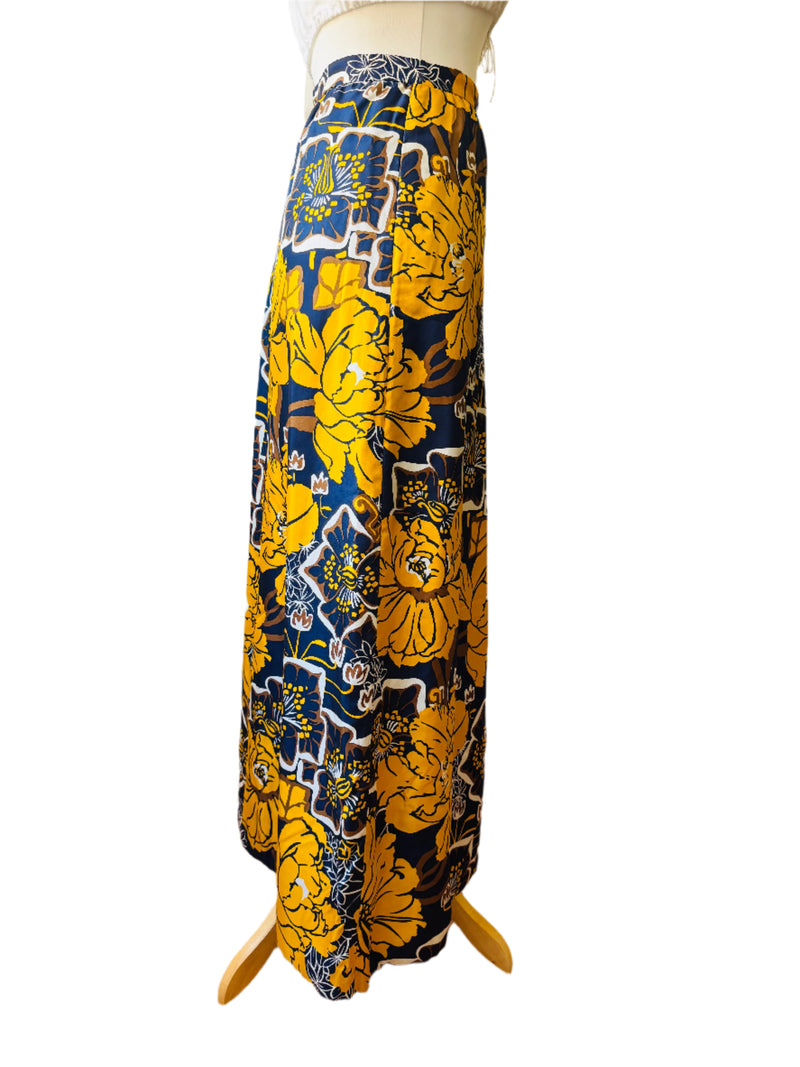 Vintage Printed Floral Print Silk Maxi Skirt
