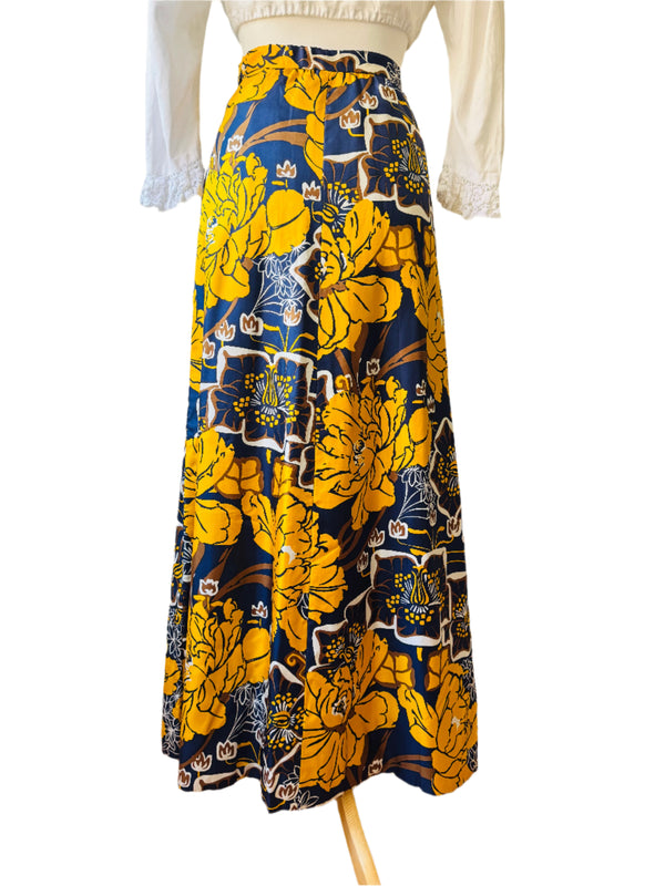 Vintage Printed Floral Print Silk Maxi Skirt