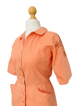 40s/50s Peach Cotton Shirtwaist Dress with Embroidered Details