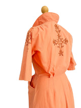 40s/50s Peach Cotton Shirtwaist Dress with Embroidered Details