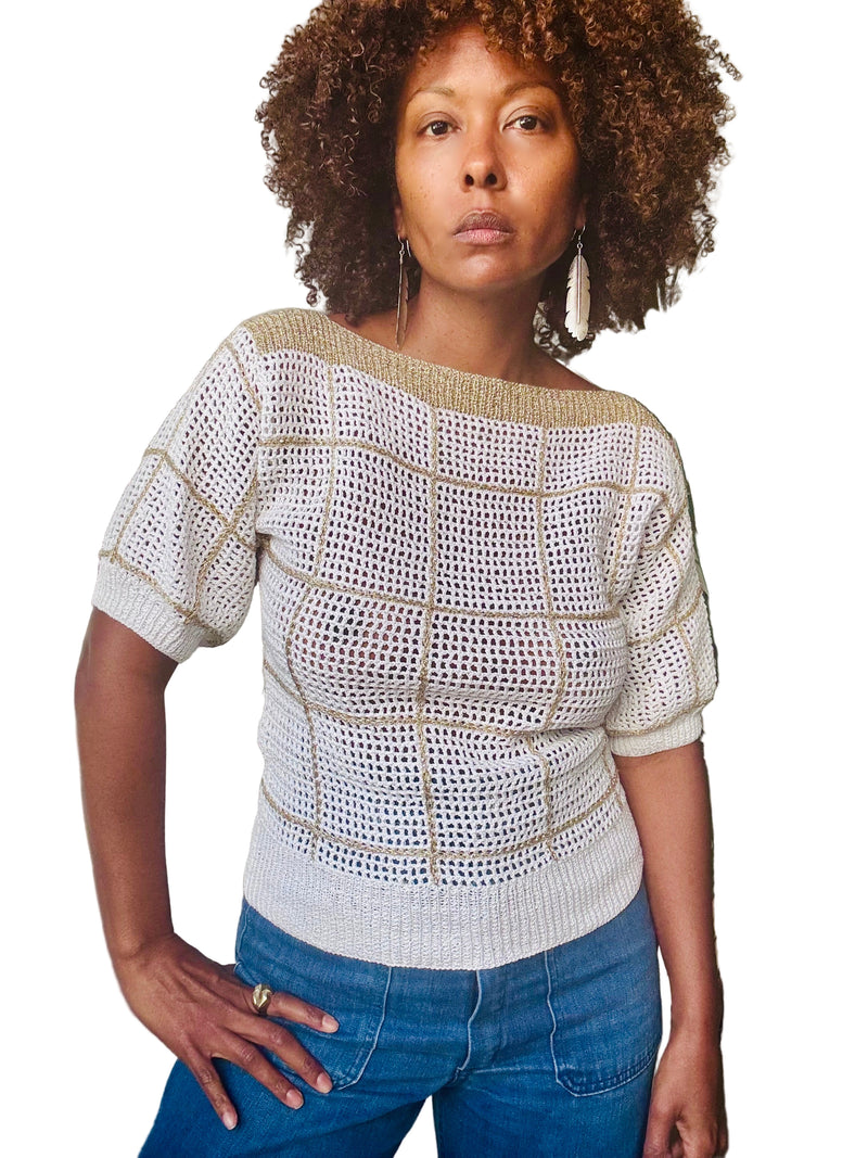 70's/80's White Sweater w/Gold Lurex Grid