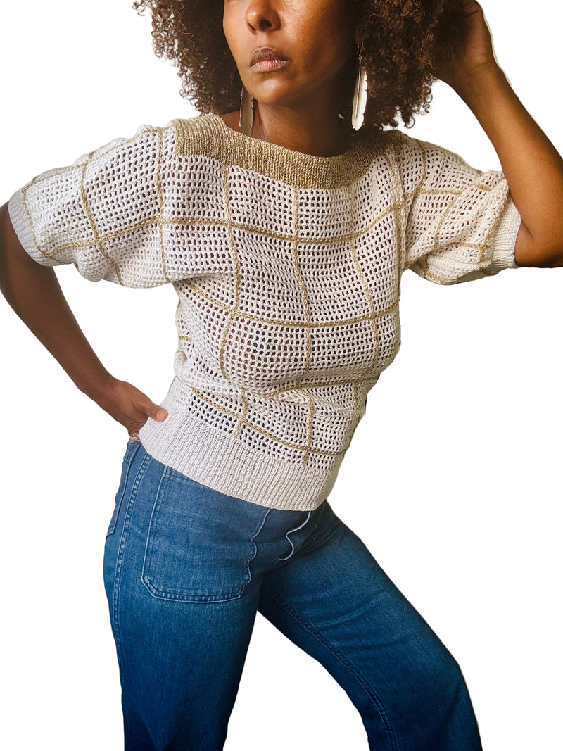 70's/80's White Sweater w/Gold Lurex Grid