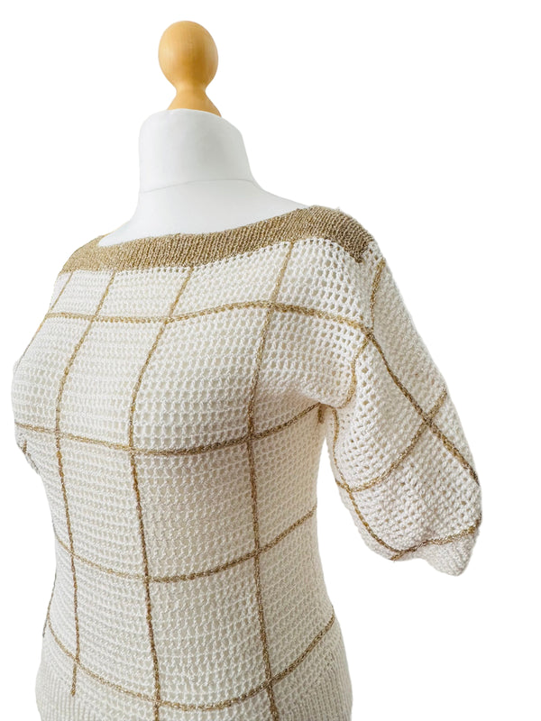 70's/80's White Sweater w/Gold Lurex Grid