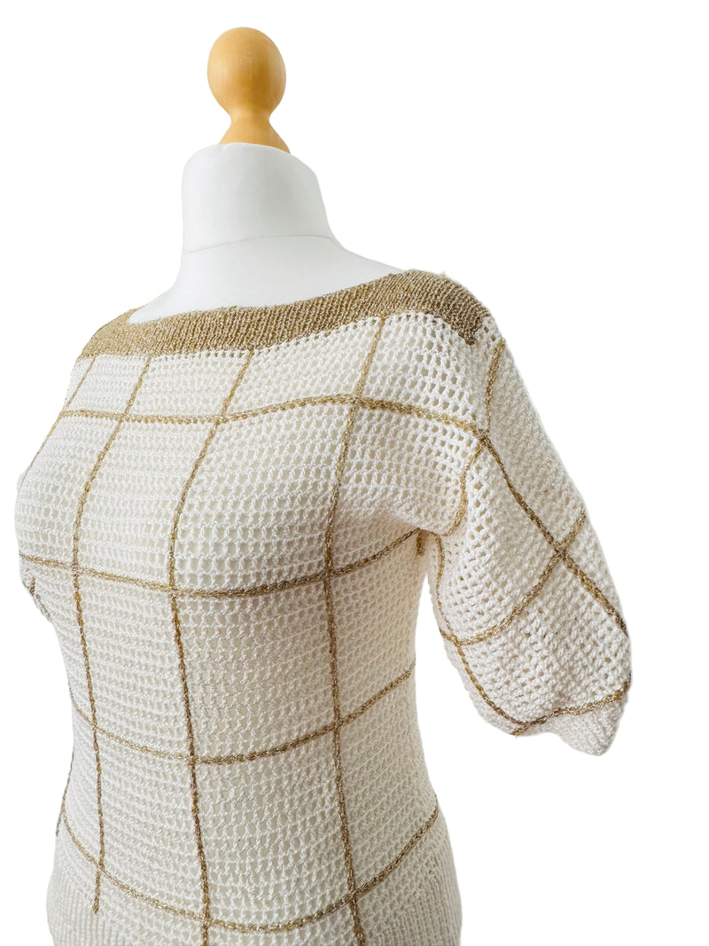 70's/80's White Sweater w/Gold Lurex Grid