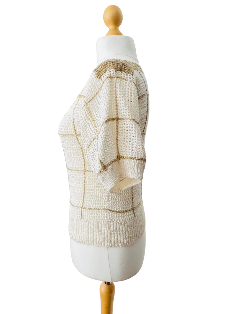 70's/80's White Sweater w/Gold Lurex Grid