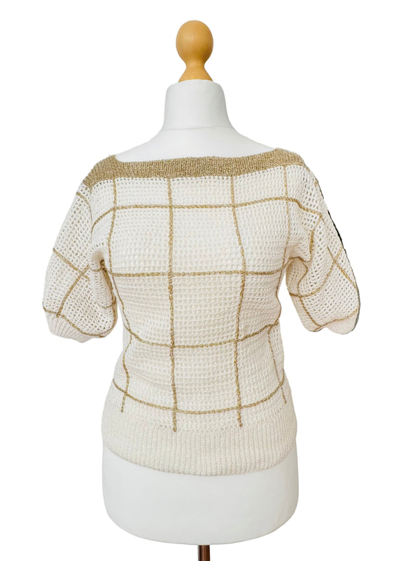 70's/80's White Sweater w/Gold Lurex Grid