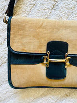 Vintage Horsebit Detail Canvas Handbag w/Navy Leather Trim