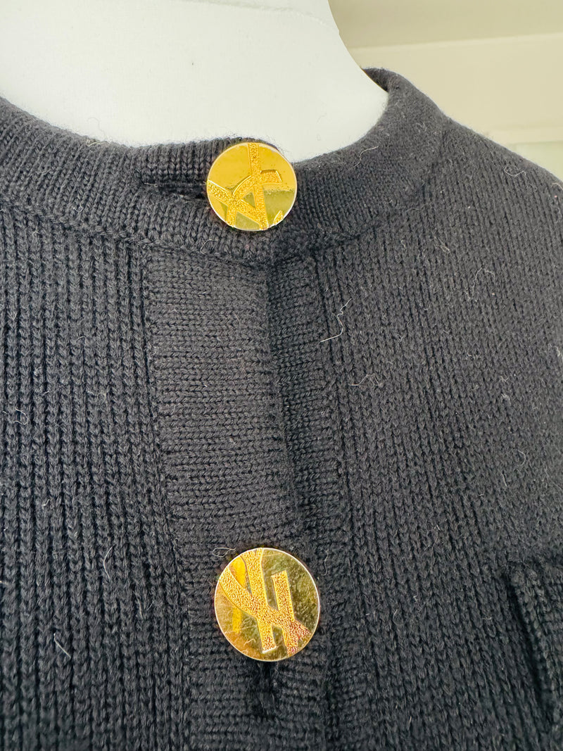 1980's Yves Saint Laurent  Black Knit Cardigan w/Gold Logo Buttons