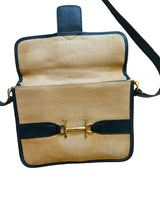 Vintage Horsebit Detail Canvas Handbag w/Navy Leather Trim