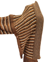 A brown and beige striped knit cardigan sweater displayed on a white mannequin torso, featuring a buttoned front and ribbed trim.