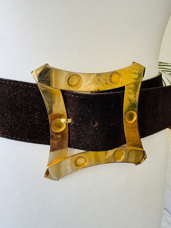 1970's Wide Brown Suede Belt w/Goldtone Accents