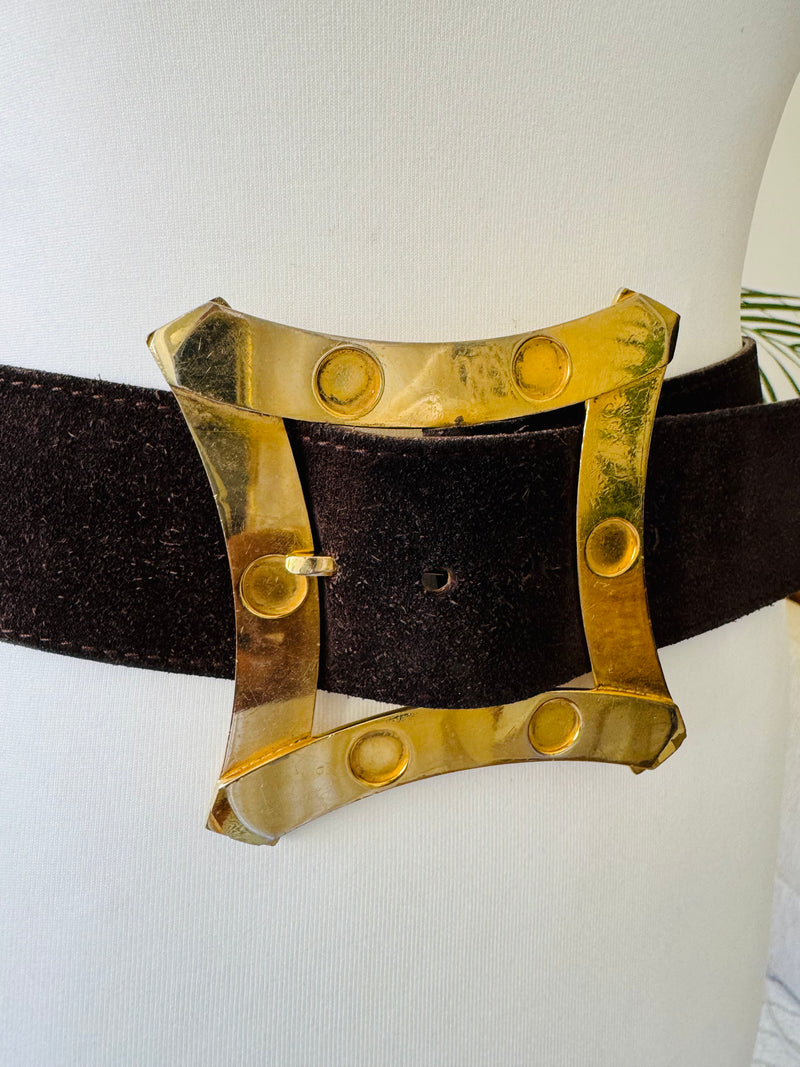 1970's Wide Brown Suede Belt w/Goldtone Accents