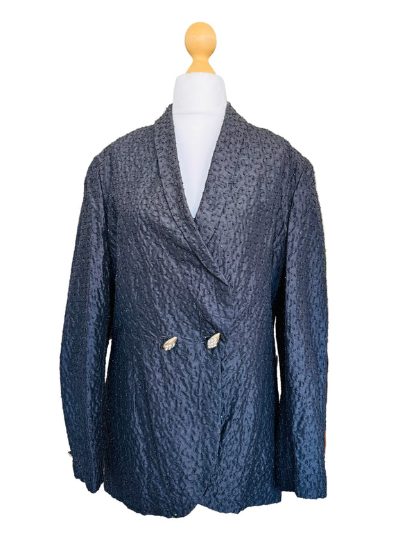 1980's Black Beaded Silk Blazer with Rhinestone Buttons