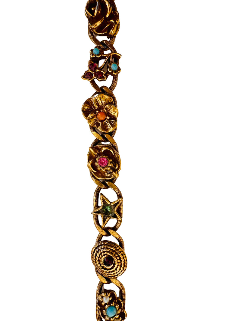 1930's Goldtone Bracelet w/Multicolor Stones and Motifs