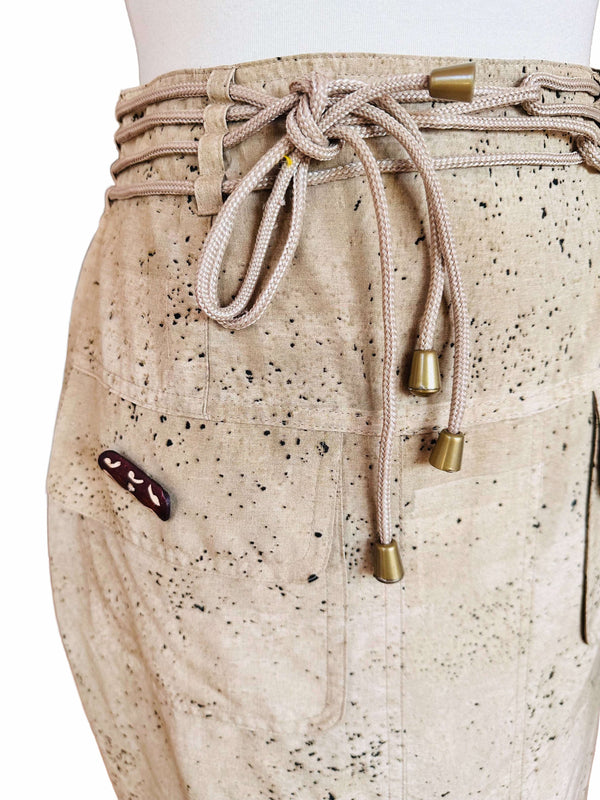 1980's/90's Beige Printed Silk Safari Inspired Cargo Skirt