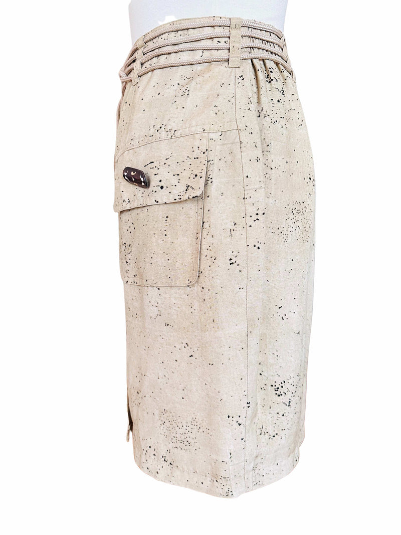 1980's/90's Beige Printed Silk Safari Inspired Cargo Skirt