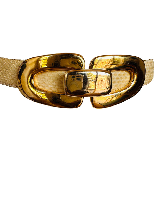 Vintage Ivory Snakeskin Belt w/ Gold Buckle